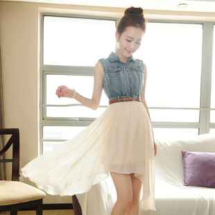 2014夏季新款韩版不规则长裙 牛仔拼接连衣裙雪纺飘逸气质仙女裙