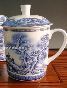 景德镇陶瓷茶杯带盖骨瓷水杯青花瓷器会议礼品办公杯子 雪景 包邮