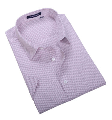 夏装新款中青年男士短袖衬衫商务休闲纯棉粉红色条纹格带口袋衬衣