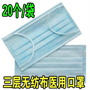 一次性口罩防尘无纺布 三层带过滤布透气灭菌防禽流感医用20只/包