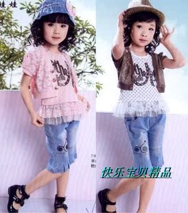 2014包邮奇娃娃童装 韩版夏装女童外搭 儿童牛仔三件套装牛仔