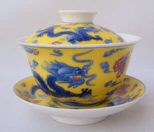 德化名瓷 陶瓷 茶具 套装 特价恒福黄釉帝王龙三才盖碗 功夫茶具