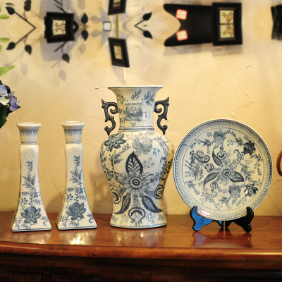 古蓝韵 时尚创意装饰摆件家居饰品古典裂纹陶瓷客厅摆设三件套