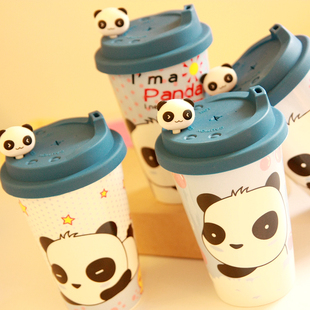 特价 小熊猫卡通陶瓷随手马克杯创意牛奶咖啡早餐水杯子带盖送勺