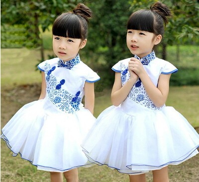 六一青花瓷表演出服儿童纱裙幼儿蓬蓬公主古装旗袍花童舞蹈连衣裙