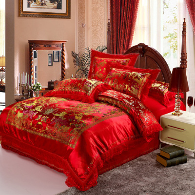 风景百子婚庆四件套 大红色结婚被子床上用品绸缎蕾纯棉床品特价
