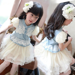 2014新款韩版 女童装宝宝牛仔连衣裙 花边短袖公主雪纺裙 蕾丝裙