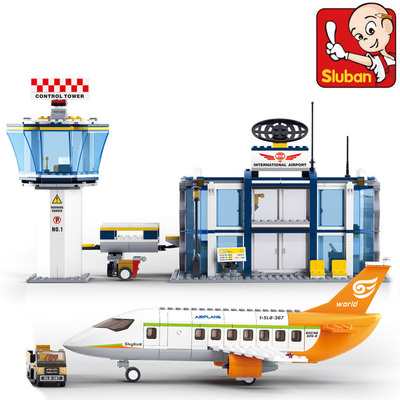 小鲁班拼装积木拼装客机场模型空中巴士乐高式积木儿童益智玩具