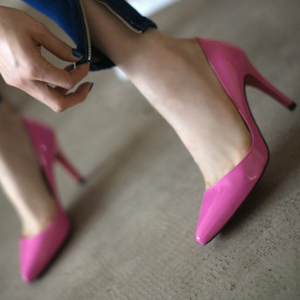 欧美站新款漆皮浅口尖头高跟鞋 时尚OL桃红色单鞋 女鞋真皮鞋