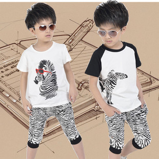 童装男童新款 2015夏装儿童中小童两件套运动短袖T恤斑马纹套装