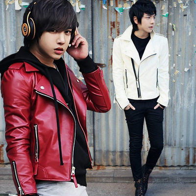 冬季韩版青少年pu皮夹克修身男款加绒短款外套摇滚红白皮衣潮牌男