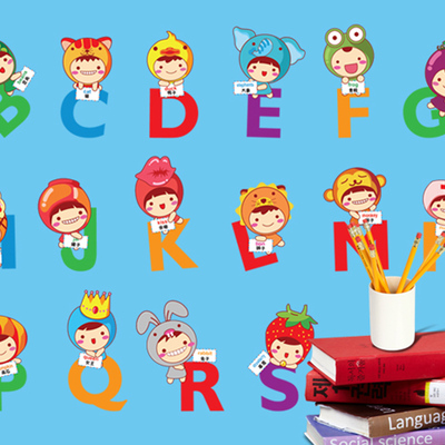 卡通26个英文字母英语教室布置早教贴纸幼儿园宝宝房背景装饰墙贴