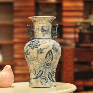 古蓝韵陶瓷花器裂纹复古双耳花瓶高档创意花器花插客厅装饰器皿