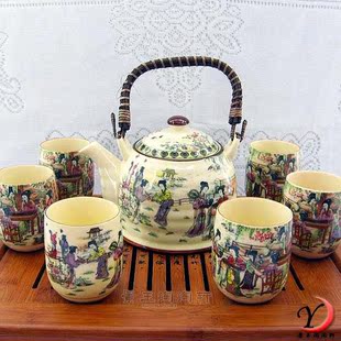景德镇陶瓷正品7头仿古釉中彩 韩式大容量提梁茶具套装 美女 特价