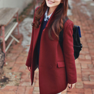 2015秋季款英伦学院风简约酒红色毛呢外套 女中长款茧型毛呢大衣