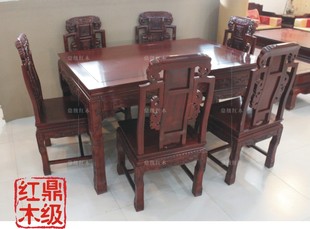 鼎级红木家具非洲红酸枝木福禄寿餐桌实木长方形象头餐台七件套