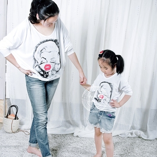 韩国C4Y童装 儿童春秋装女童妈妈亲子装蝙蝠款纯棉长袖T恤 母女装