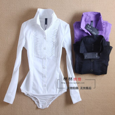 2015秋清新韩版修身棉白连体衬衫女生气质打底长袖职业工正装衬衣