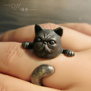 巧魂银斋  原创纯手工925纯银可爱小动物戒指  加菲猫开口指环