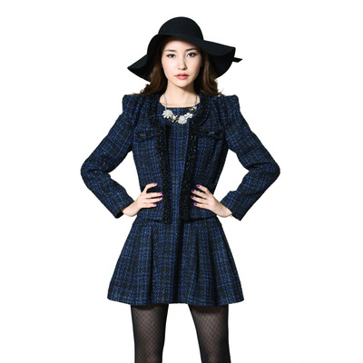 2012裳缇cheutier新款女装冬季圆领长袖短款复古格子西装外套