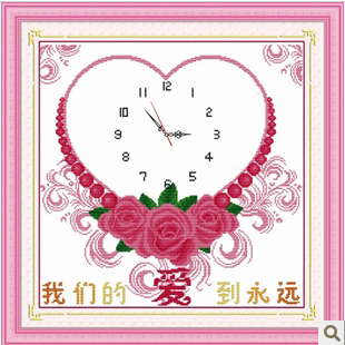 卧室十字绣印花钟表最新款客厅婚恋玫瑰我们的爱到永远十字刺绣图