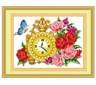 挂钟表十字绣最新款客厅花卉系列玫瑰钟面特价印花十字绣卧室挂画