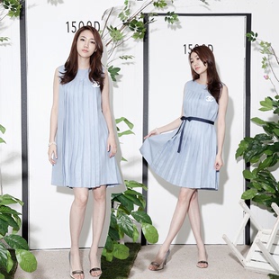 MISSSZ弥莎2015夏 韩版圆领百褶宽松款加大码优雅连衣裙 配送丝带