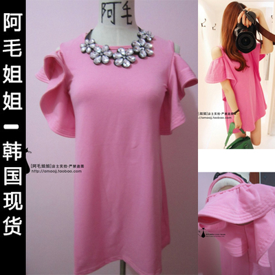 韩国正品代购2014夏季新款女装粉色飞飞袖露肩短息连衣裙娃娃衫