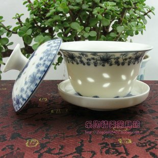 陶瓷 茶具 套装茶碗茶杯 镂空米通玲珑青花陶瓷茶具盖碗 功夫茶具