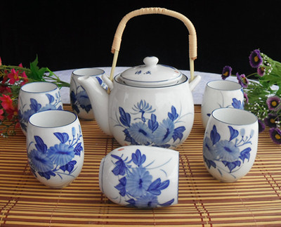 景德镇陶瓷器 茶具套7头大提梁茶杯茶壶。手绘荷花