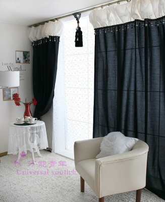 万能青年 韩式蓬蓬帘头棉涤混纺窗帘卧室客厅窗帘特价定做黑白色