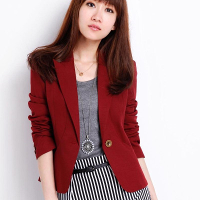 外套大码小西女外西装长袖西服红色女韩版纽扣短款纯色黑色新款