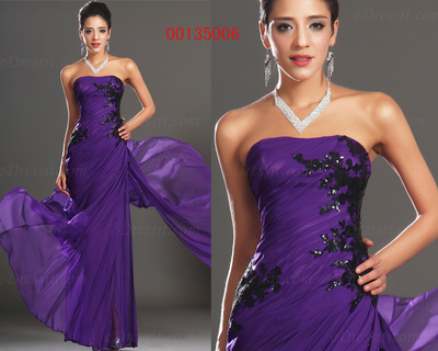 新款高端定制抹胸蕾丝紫色长款晚礼服 性感开叉晚宴聚会礼服长裙
