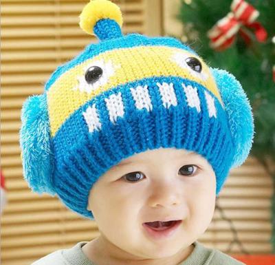韩版秋冬男 女婴幼儿童3d机器人毛线帽子 宝宝卡通造型防风保暖帽