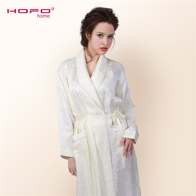 HOFO春夏季精品100%桑蚕丝睡袍女士真丝长袍嫩黄色时尚丝绸休闲袍