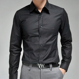 男款收腰黑色衬衣 男士商务休闲修身 韩版长袖衬衫
