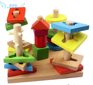 高质榉木制五柱智慧套柱积木 几何形状叠叠乐幼儿童早教益智玩具