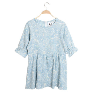 韩国代购2015新款5月复古青花瓷水洗牛仔灯笼喇叭袖连衣裙