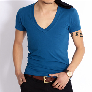 新款高弹力 大V领男士短袖T恤 修身打底衫 韩版个性夏装905