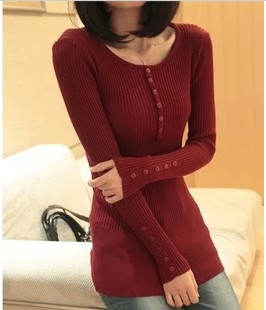 2014秋装新款韩版女装毛衣外套中长款修身纽扣打底衫弹力衫女