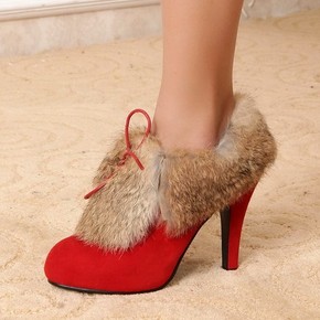 2015冬季女鞋红色棉靴高跟红鞋结婚鞋婚礼鞋新娘鞋兔毛婚靴短靴子