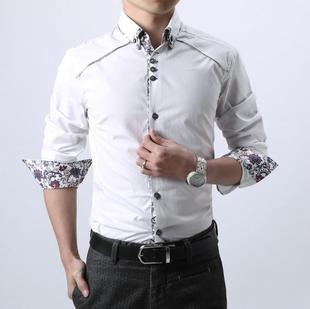 2015新款男士长袖衬衫男装韩版修身衬衣商务休闲纯棉双领寸衫潮