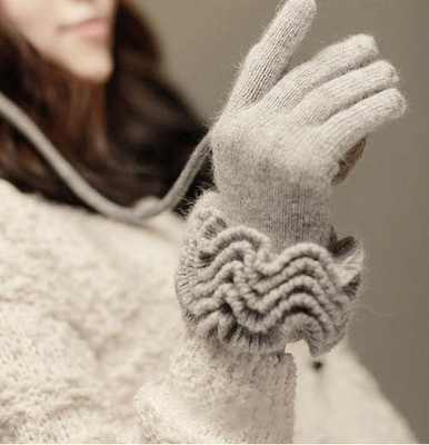 韩国代购秋冬季女短款保暖层层叠叠可爱5层木耳花边兔毛羊毛手套