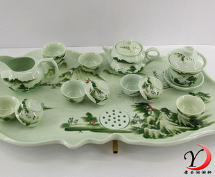 ■景德镇陶瓷■全手绘釉中彩工夫茶具套装--绿山水【景玉轩】