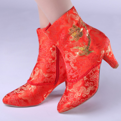 时尚新娘婚鞋结婚鞋子旗袍鞋子红色半靴子旗袍靴子XZ075