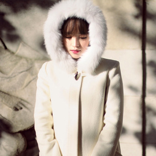 2015秋冬季新款日系甜美白色大毛领毛呢外套中长款羊毛呢子大衣女