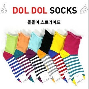 清驰韩国杂志模特可爱糖果色条纹拼接卷边女袜短袜子10双包邮A242