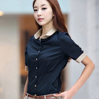2014夏装韩版修身上衣大码女装雪纺女式短袖衬衣撞色衬衫配领带