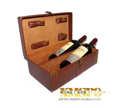 【厂家直销】红酒盒 高档棕色木纹双支装葡萄酒礼盒 包装盒配工具