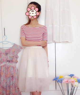 【小Mee】vivi杂志款snidel甜美公主 条纹拼接网纱一字领连衣裙